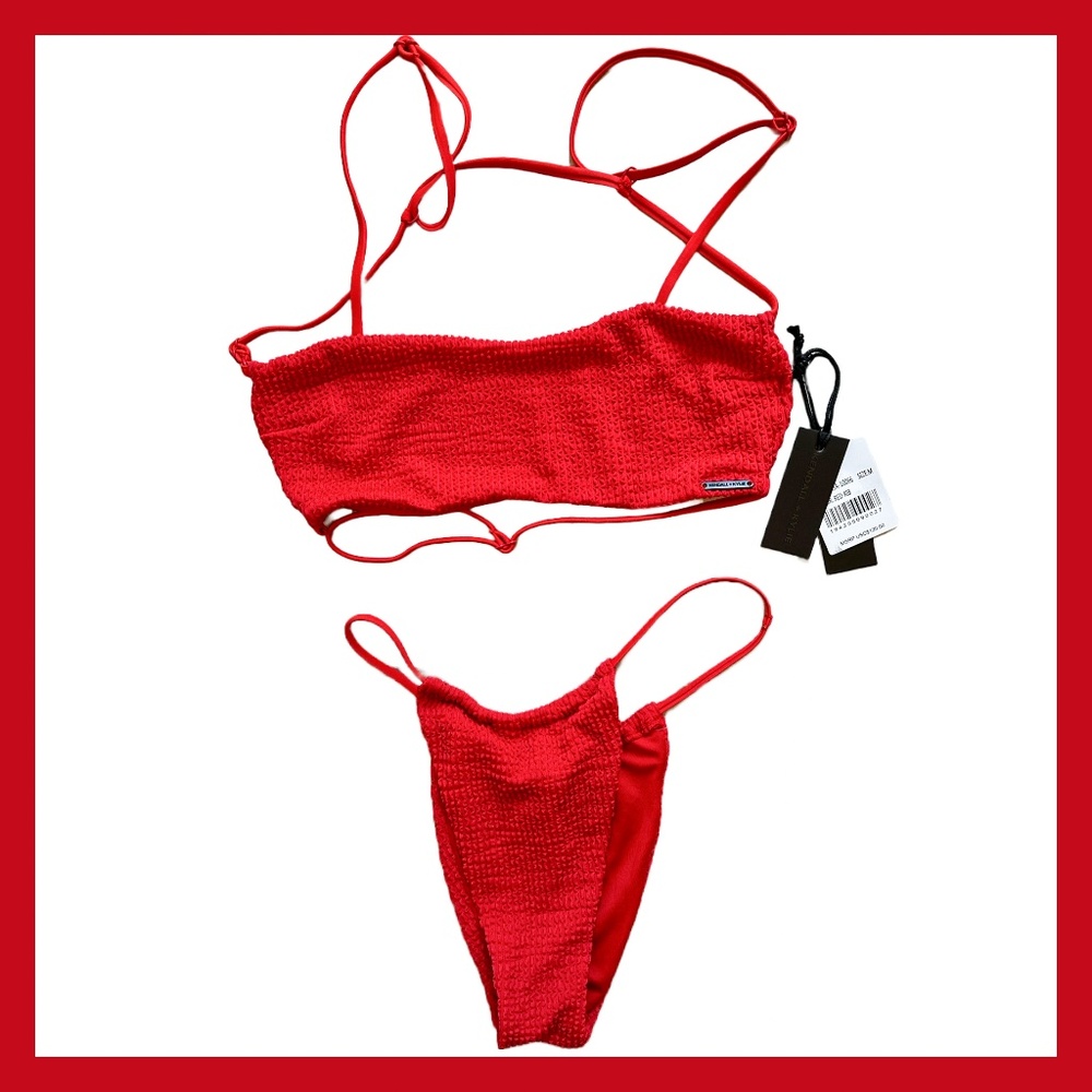 NWT Kendall + Kylie Red Bikini Strappy Backless Tie Bottoms Bandeau Top  Large